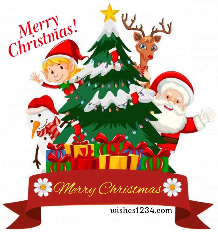 Santa with gifts, Merry Christmas Quotes & short wishes.