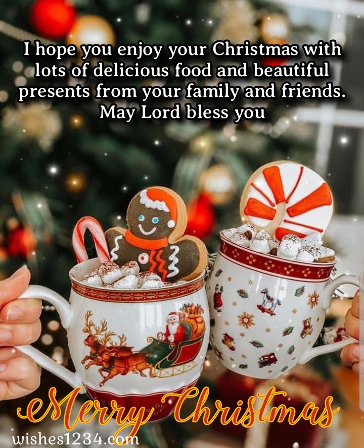 Two cups with christmas drink, Merry Christmas Quotes & short wishes.