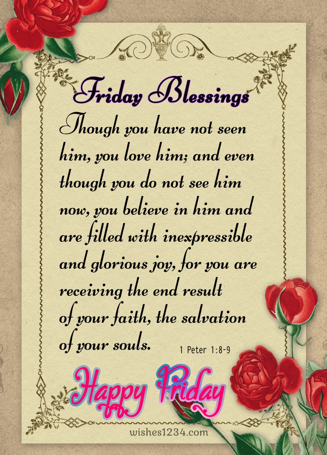 Vintage paper background with red roses design, Quotes about Friday | Friday blessings.