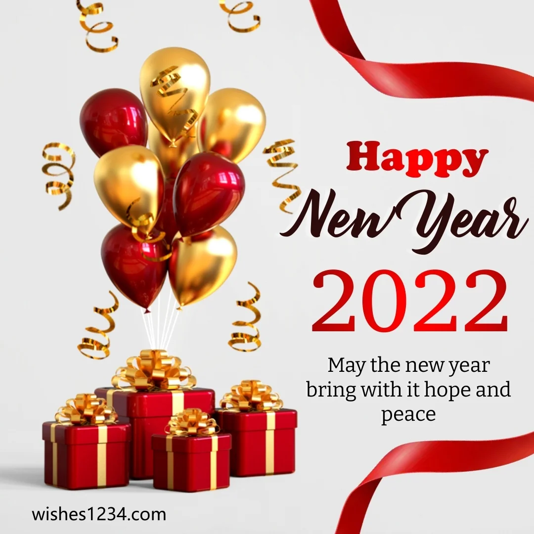 Red gift boxes with balloons, Happy new year wishes | Happy new year quotes