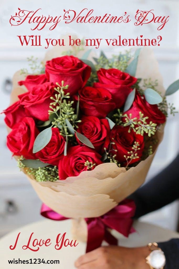Rose boquet with greetings, Valentine's Day | Valentine quotes.