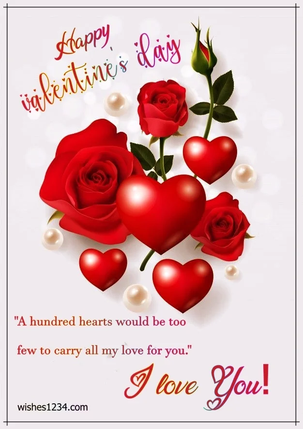 Three rose flowers with red hearts, Valentine's Day | Valentine quotes.