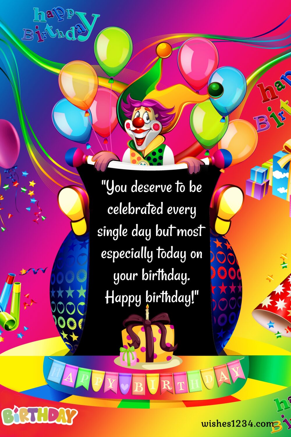 Clown holding birthday poster with balloons, Kids birthday | Happy Birthday wishes for kids.