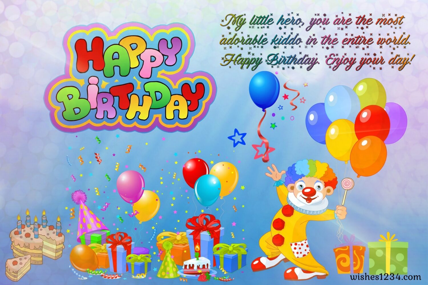 Clown with lot of gifts and balloons, Kids birthday | Happy Birthday wishes for kids.