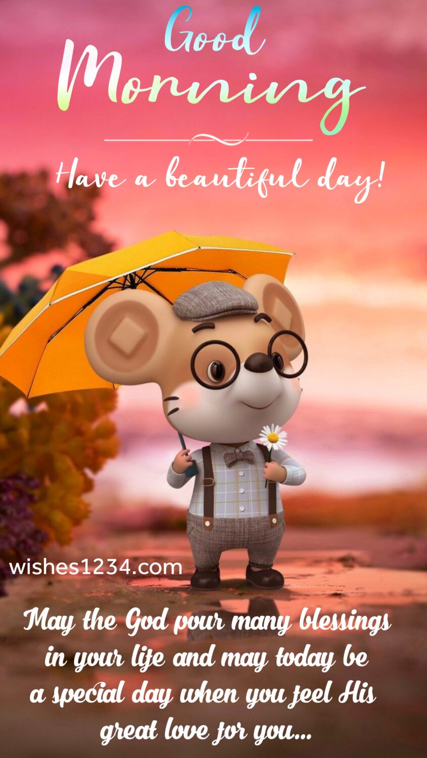 Mouse cartoon with yellow umbrella and daisy flower in hand, Happy Saturday | Saturday Greetings.