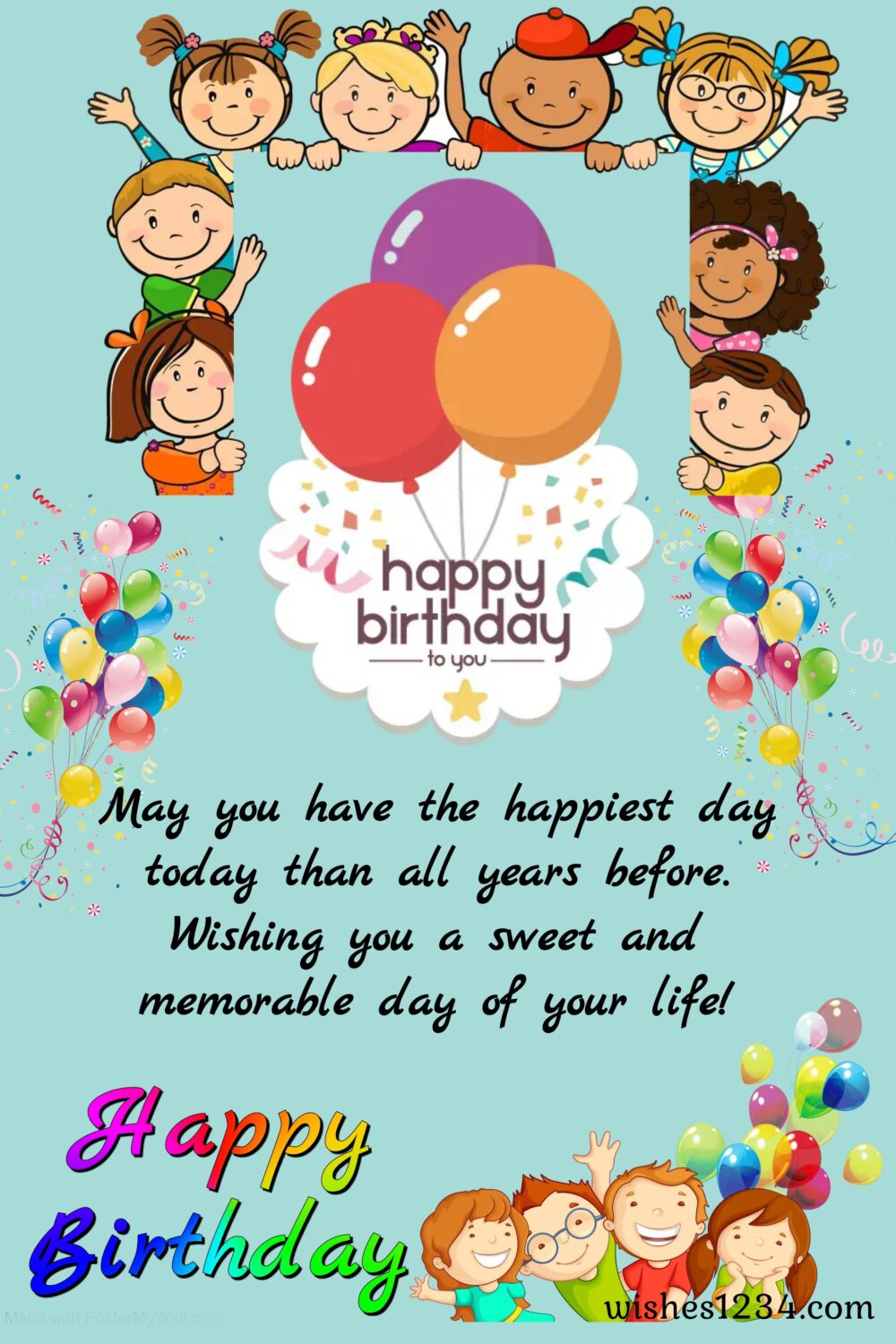 Kids poster with happy birthday banner, Kids birthday | Happy Birthday wishes for kids.