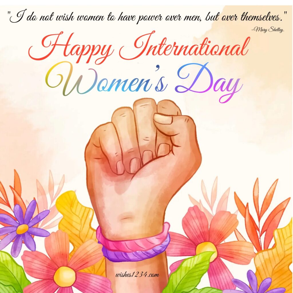 Raising hand with background flowers, International Women’s Day.