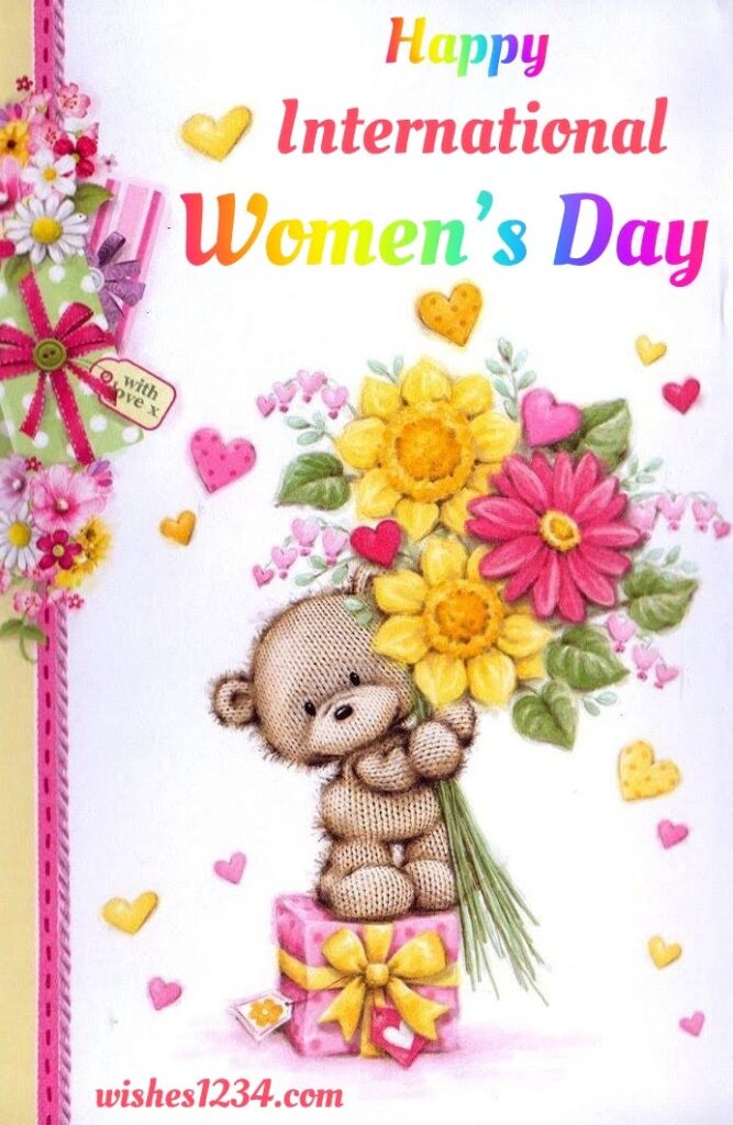 Teddy with bunch of flowers and gift, International women's day.
