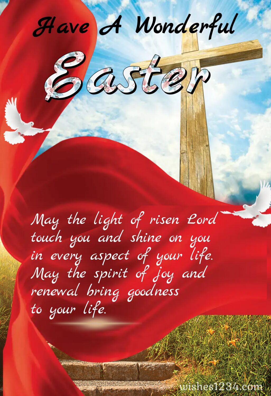 Cross with red cloth, Happy Easter Wishes, Quotes & Images.