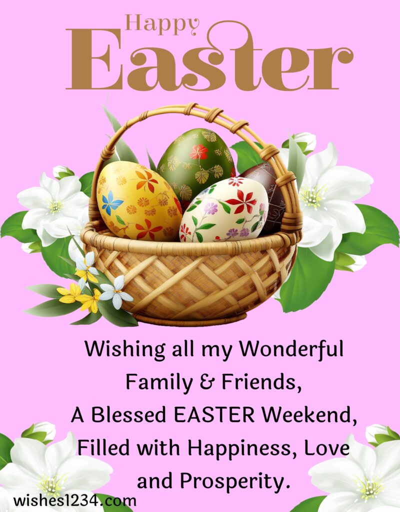 Easter blessings with bunny and basket background.