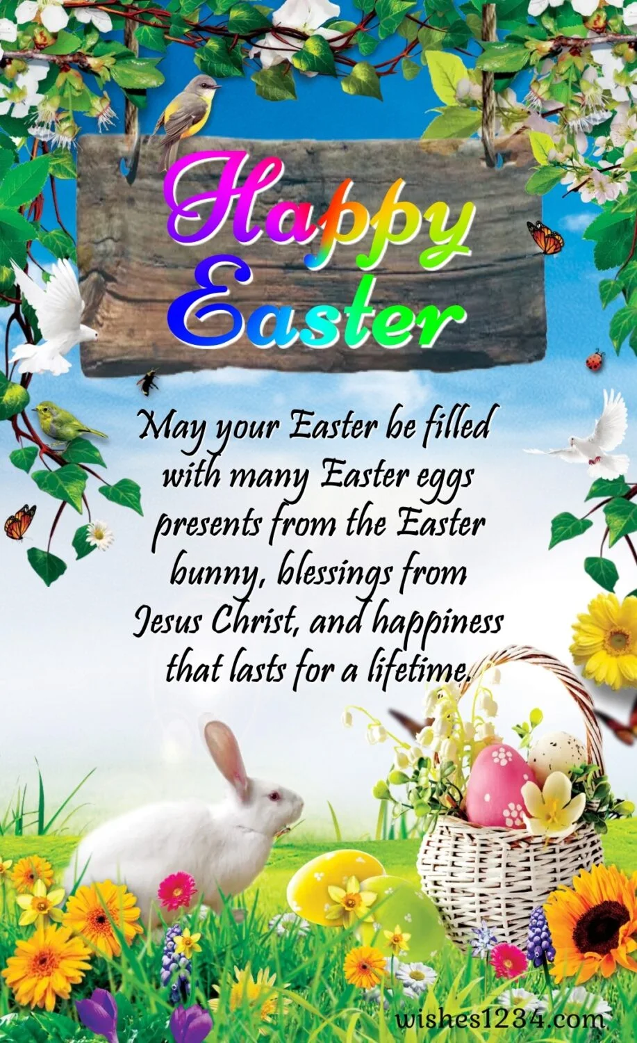 Easter board with easter eggs & bunny, Happy Easter Wishes, Quotes & Images.