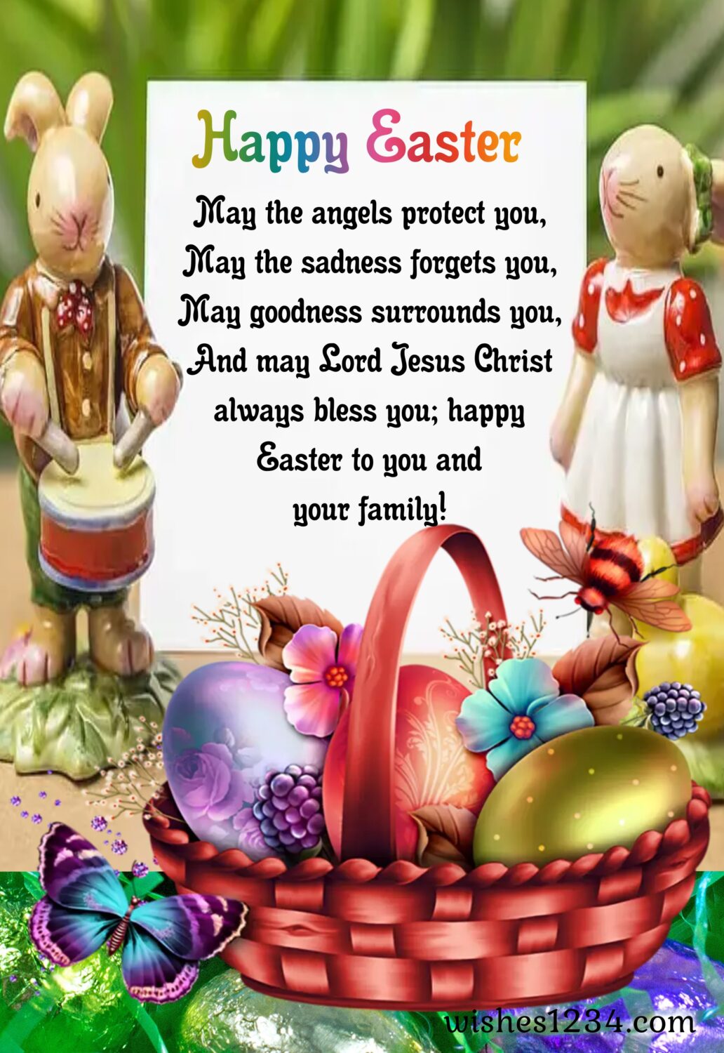 Easter bunny pair with easter eggs basket, Happy Easter Wishes, Quotes & Images.