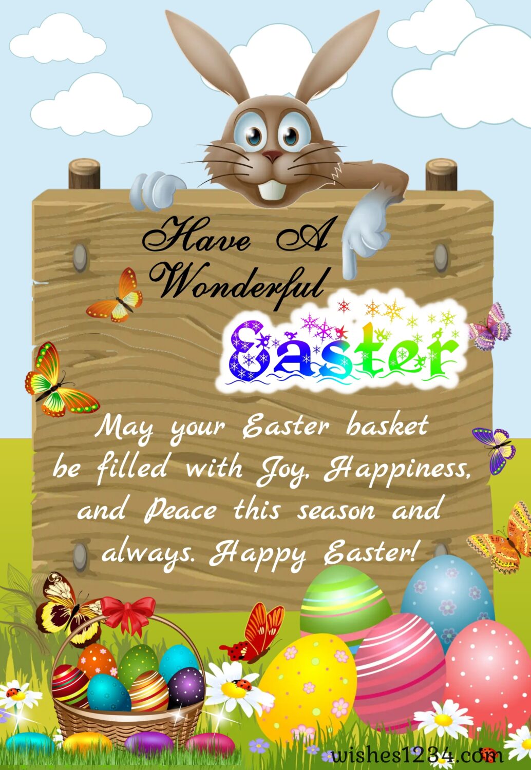 Easter bunny with easter greetings sign, Happy Easter Wishes, Quotes & Images.