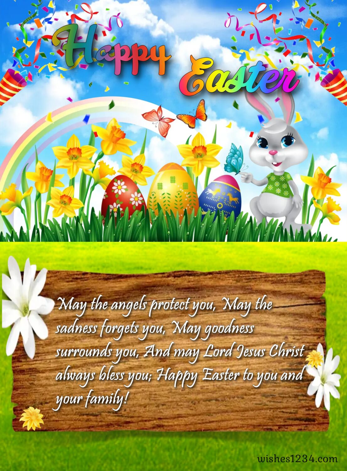 Easter bunny with three eggs, Happy Easter Wishes, Quotes & Images.