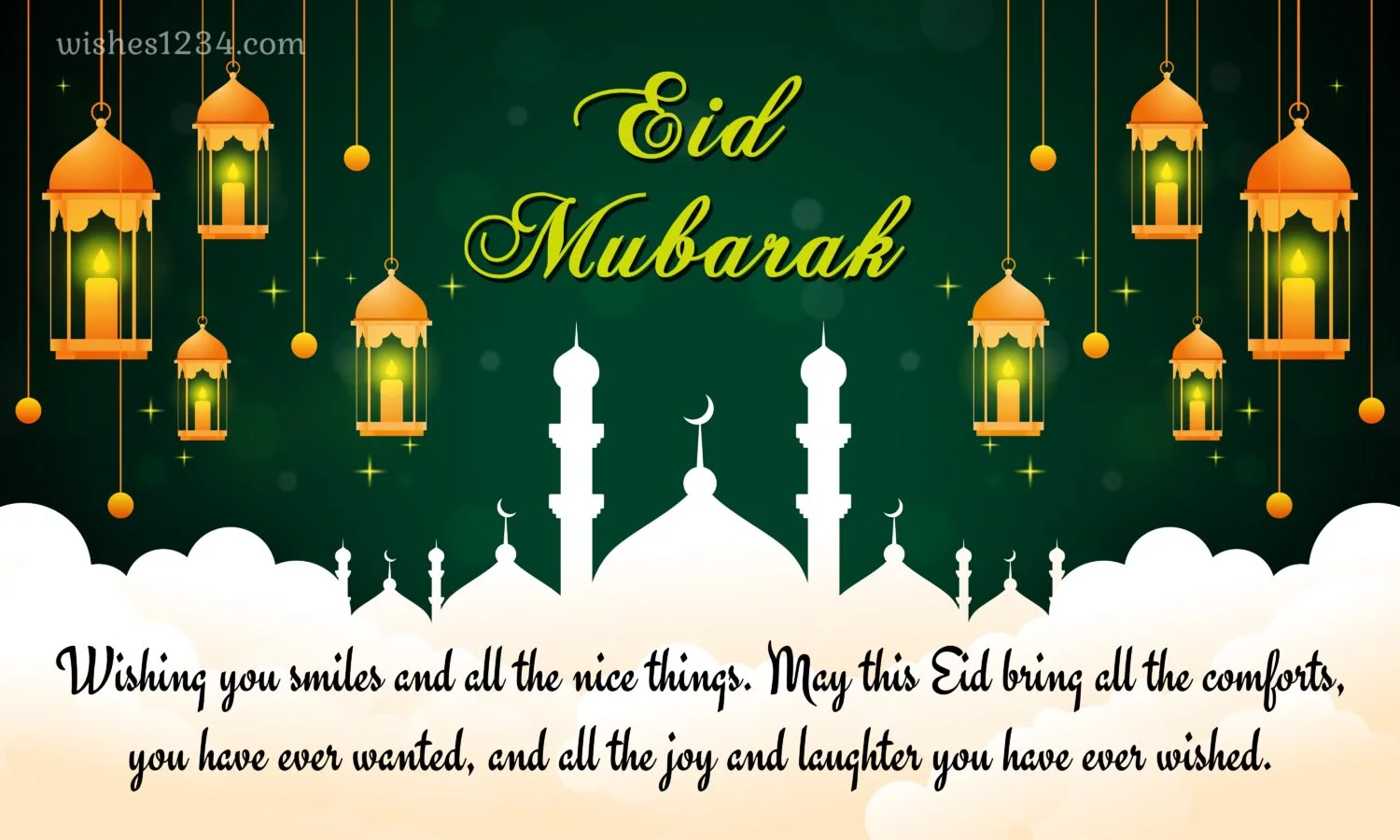 Eight golden hanging lanterns, Eid ul Fitr | Ramadan Mubarak | Eid Mubarak wishes.