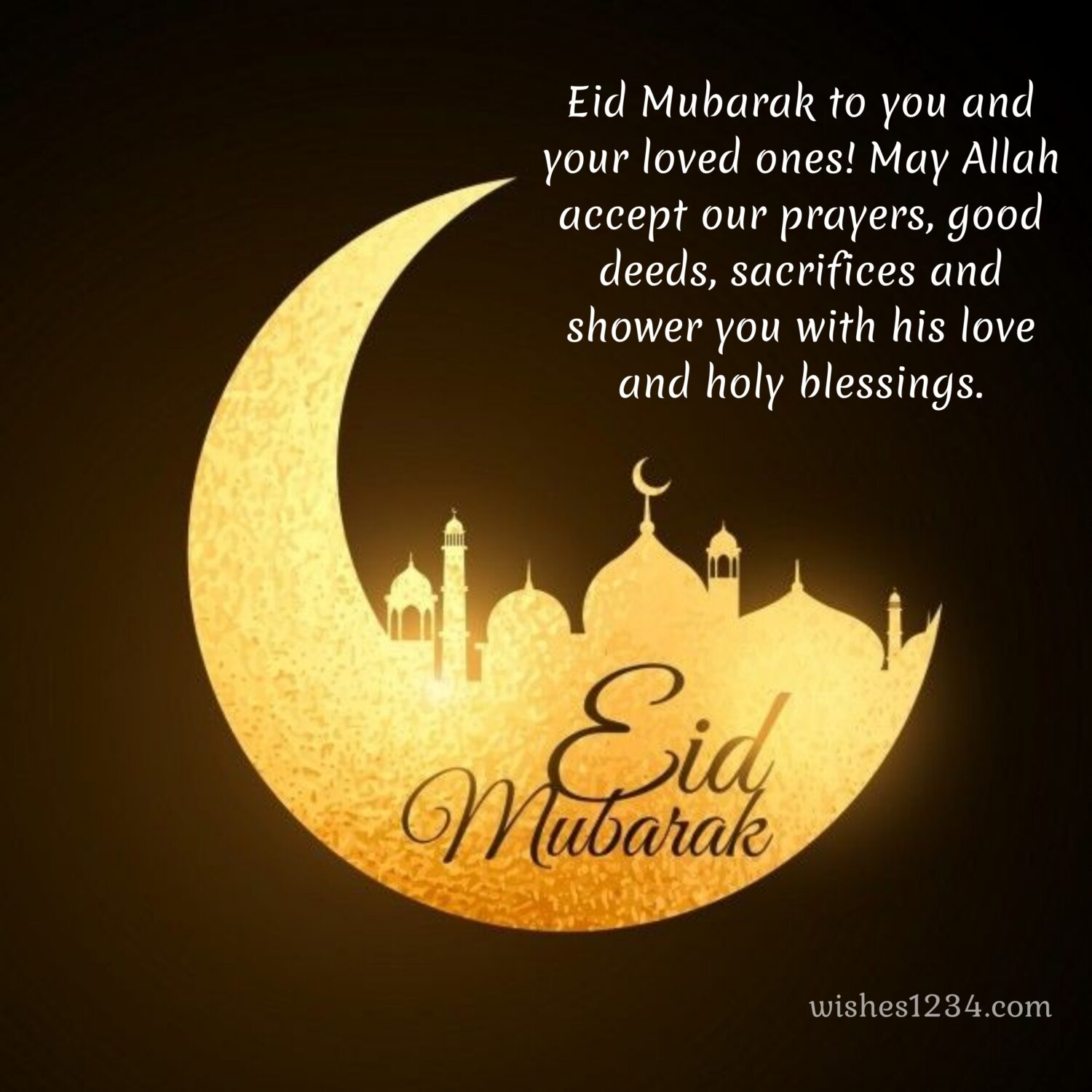 Golden Crescent with golden mosque, Eid ul Fitr | Ramadan Mubarak | Eid Mubarak wishes.