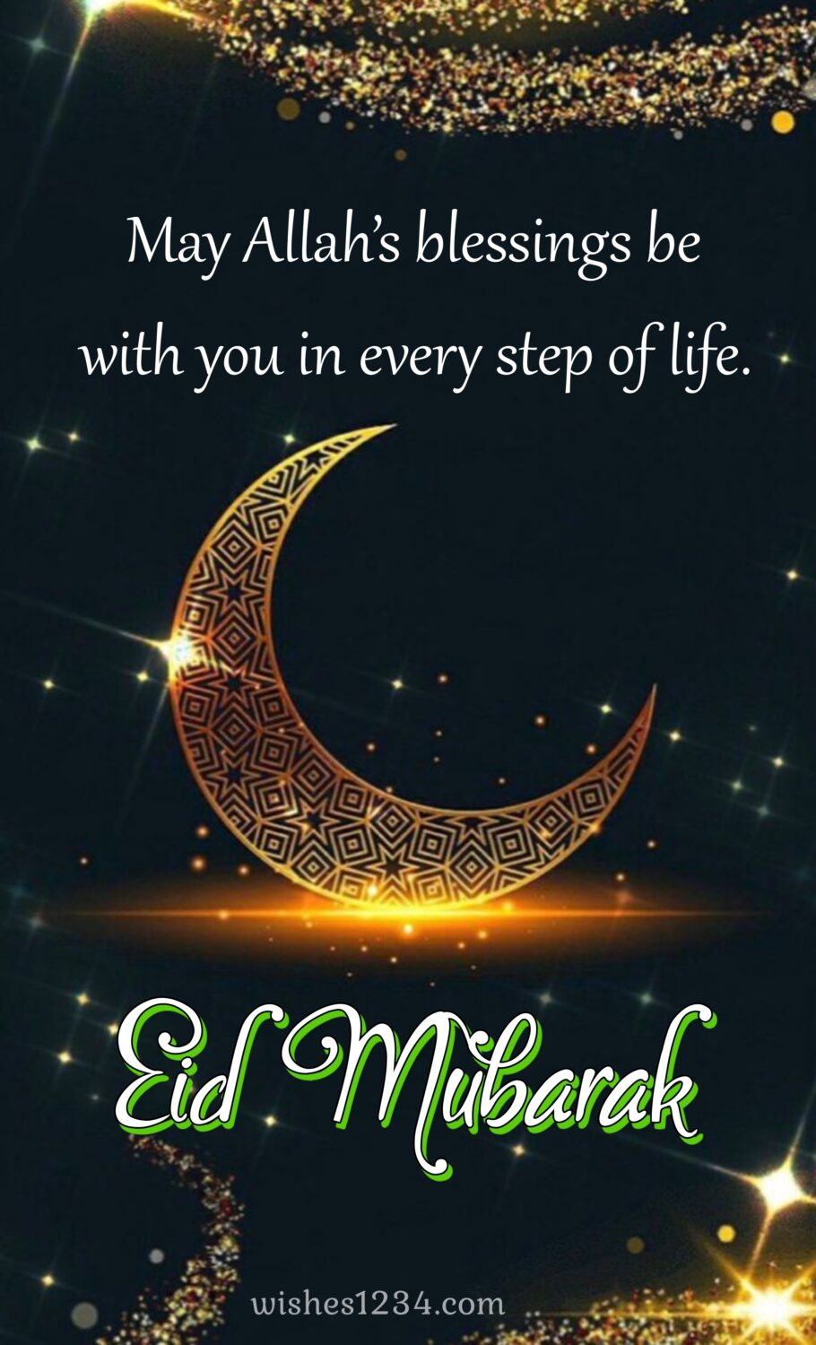 Golden design crescent with shing golden dots, Eid ul Fitr | Ramadan Mubarak | Eid Mubarak wishes.