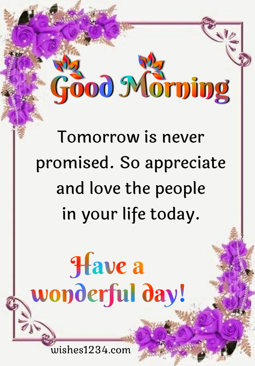 Good morning on card with purple flowers border, Good Morning Short Messages.