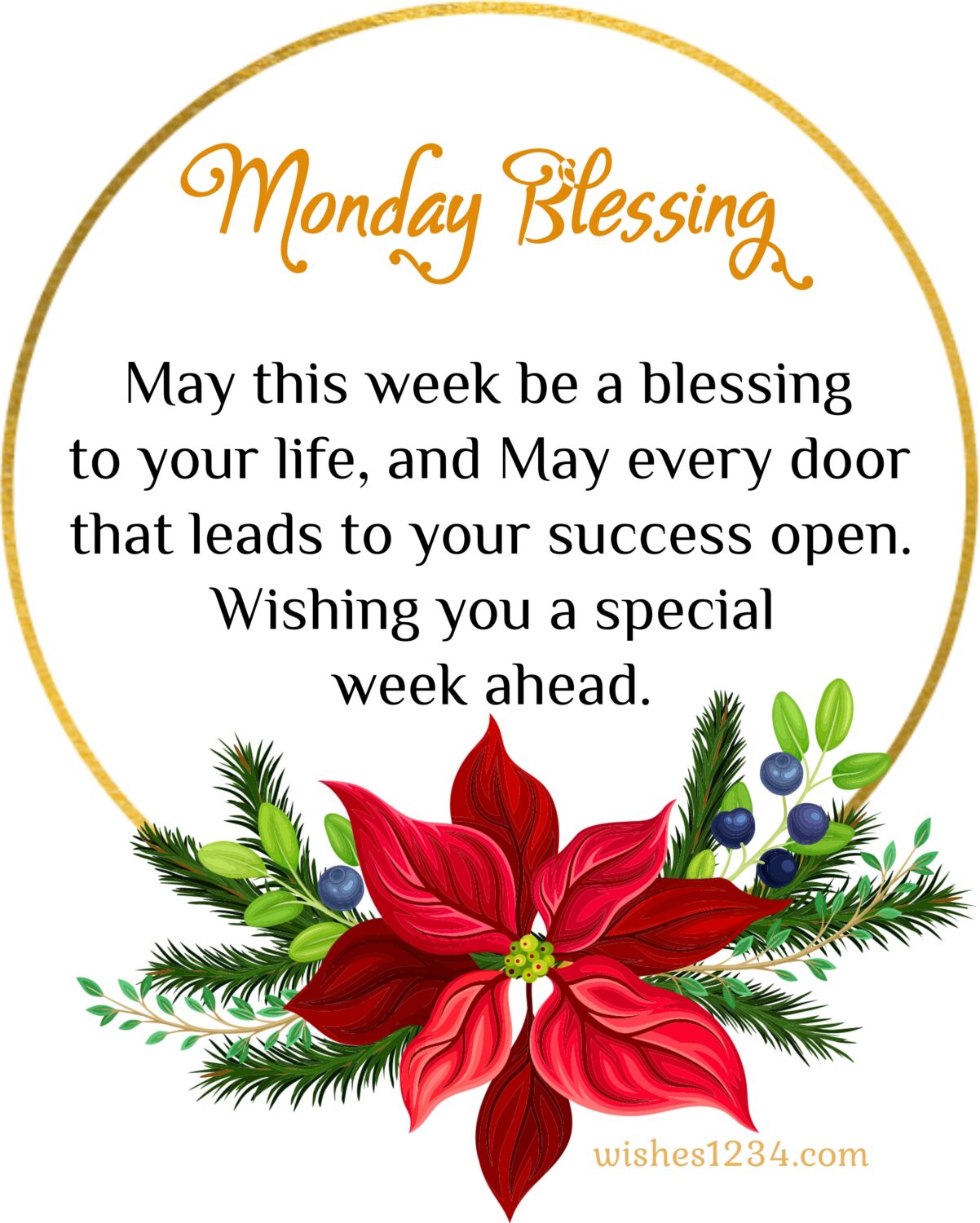 Monday blessing in a round flowers border, Quotes about Monday.
