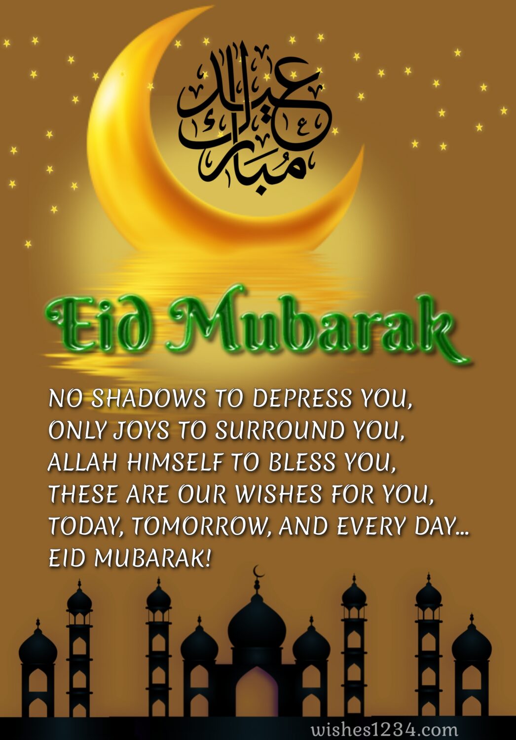 Mosque outline with golden crescent, Eid ul Fitr | Ramadan Mubarak | Eid Mubarak wishes.
