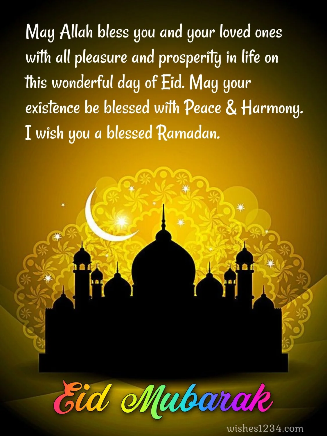 Mosque silhouette with golden design, Eid ul Fitr | Ramadan Mubarak | Eid Mubarak wishes.