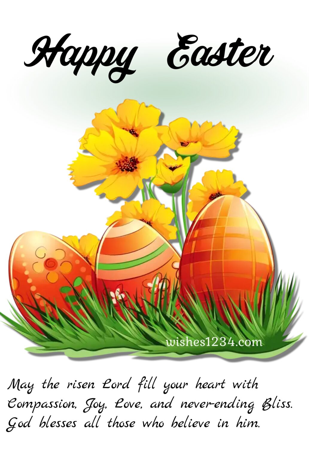 Three easter eggs with yellow flowers, Happy Easter Wishes, Quotes & Images.