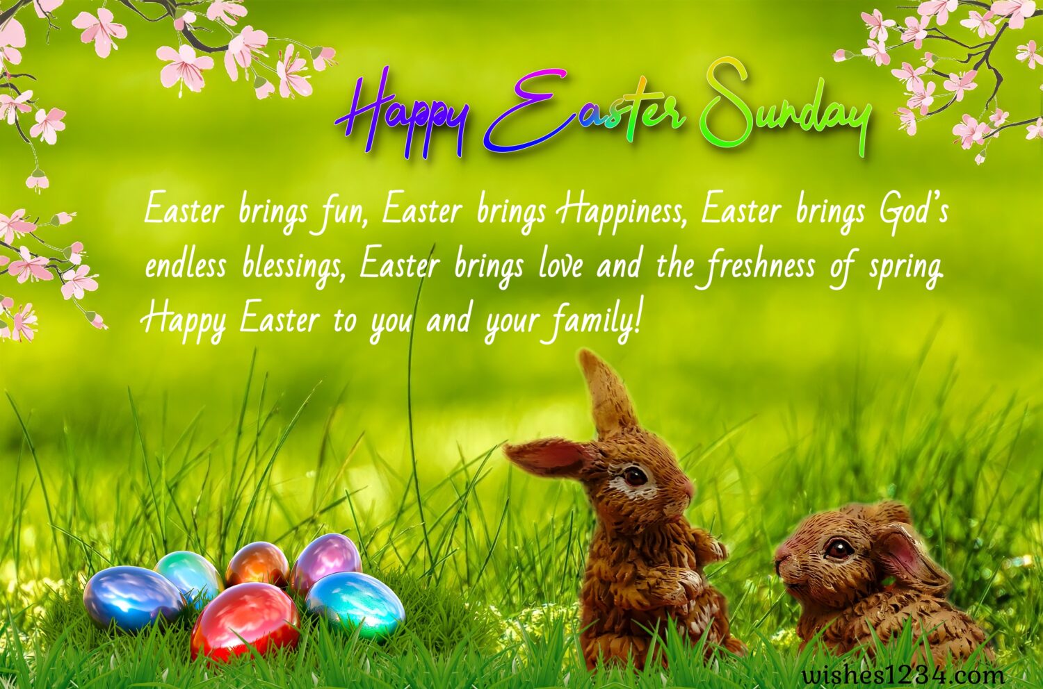 Two Easter bunnies with easter eggs, Happy Easter Wishes, Quotes & Images.