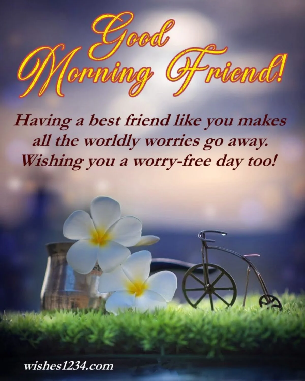 Two champa flowers with miniature bicycle, Good Morning Message | Good Morning Images.
