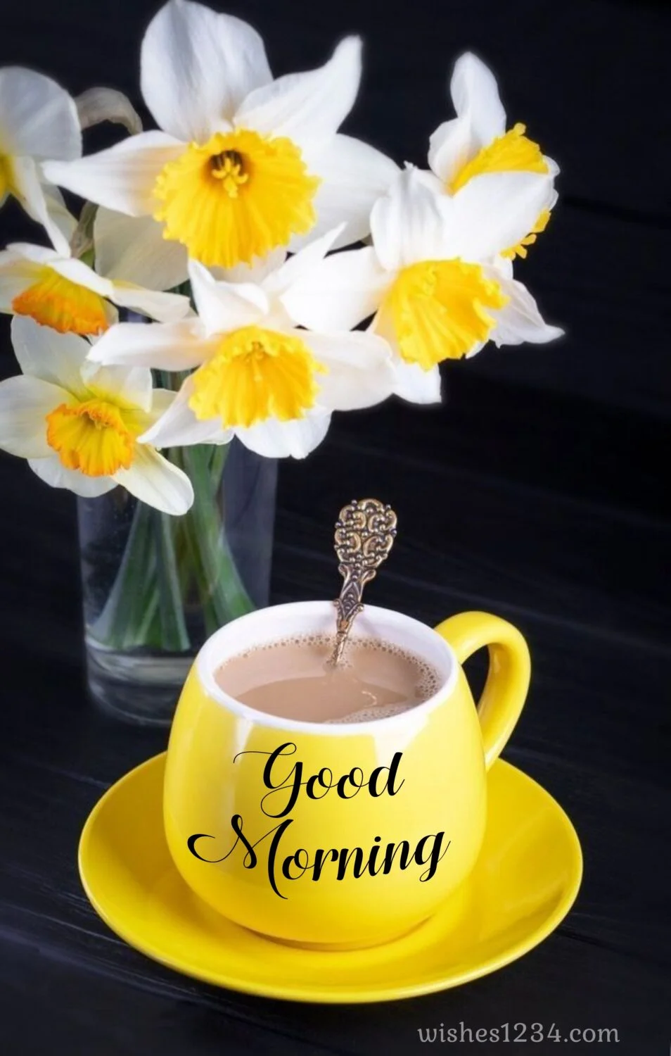 White daffodil with yellow cup of tea, Wednesday Quotes | Wednesday blessings.