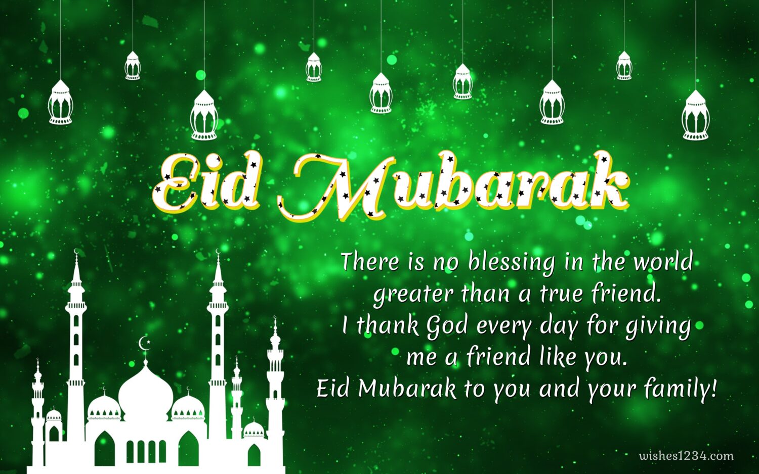 White mosque Silhouette with white hanging lamps, Eid ul Fitr | Ramadan Mubarak | Eid Mubarak wishes.