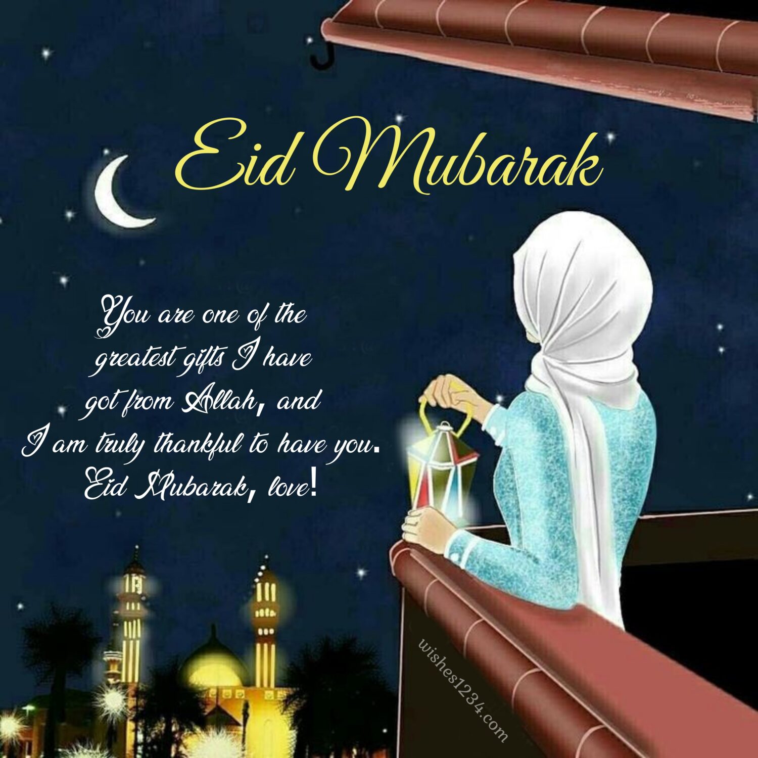 Woman in balcony with lamp in hand, Eid ul Fitr | Ramadan Mubarak | Eid Mubarak wishes.