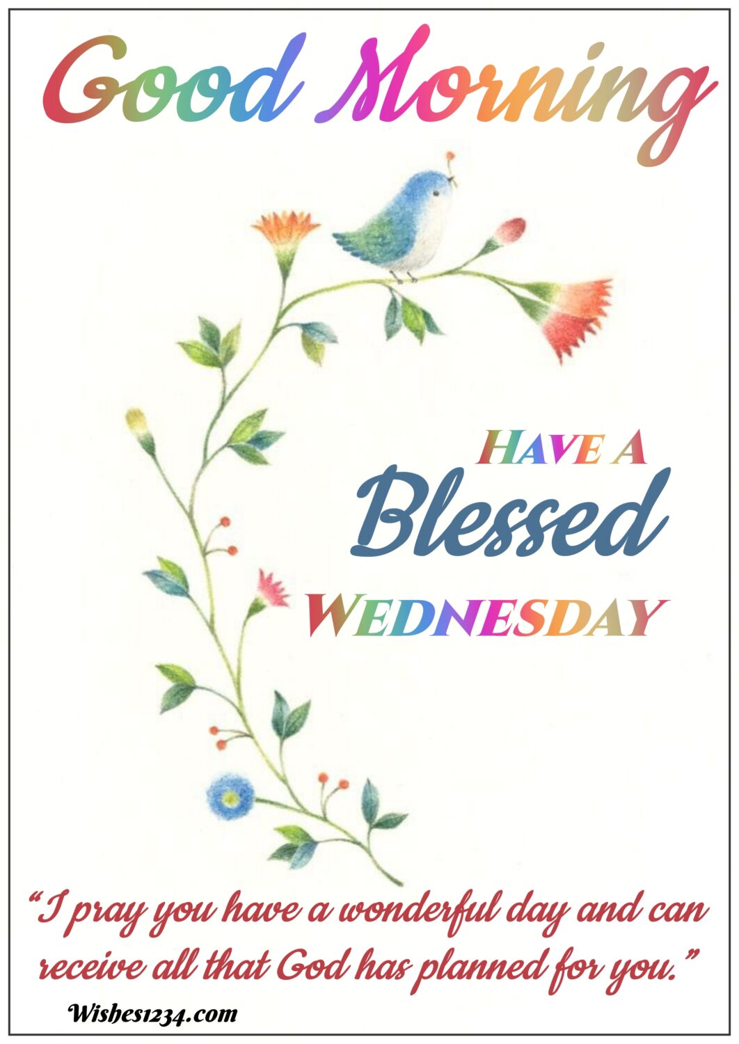 Bird sitting on flower tree branch painting ,Wednesday Quotes | Wednesday blessings.