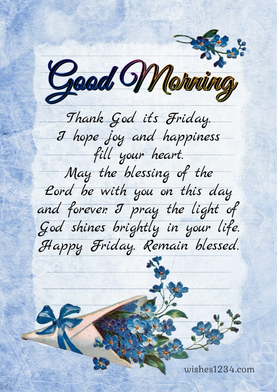 Blue vintage paper with blue daisy flowers, Friday Quotes | Good Morning Friday | Happy Friday | Blessed Friday Quotes.