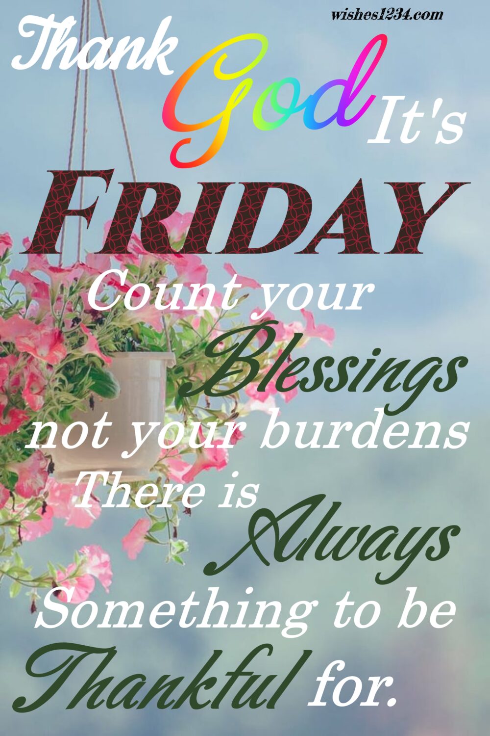 Hanging flower pot with sky blue background, Friday Quotes | Good Morning Friday | Happy Friday | Blessed Friday Quotes.