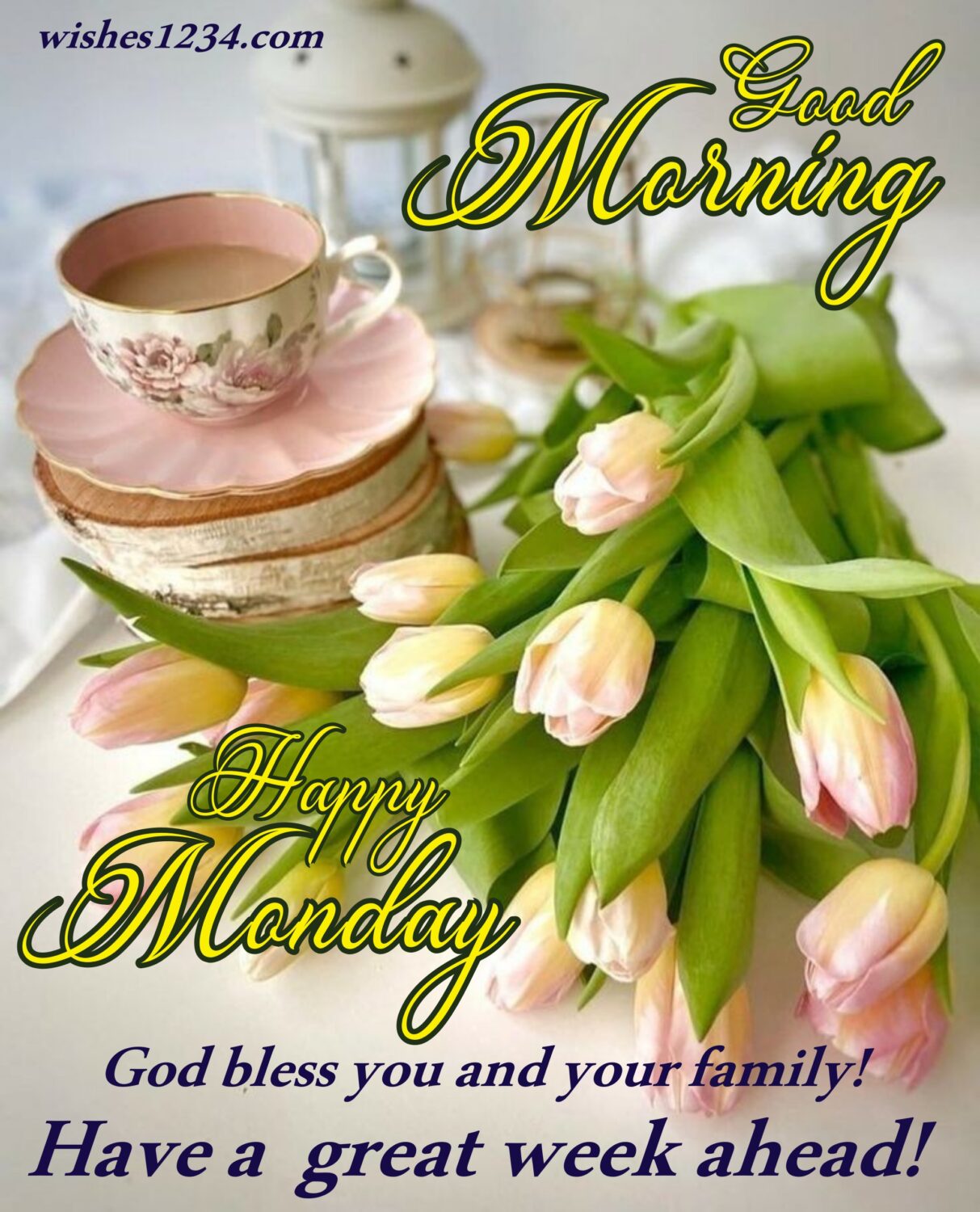  Tea cup saucer with tulip flowers ,Good Morning Monday| Monday Wishes |Monday quotes
