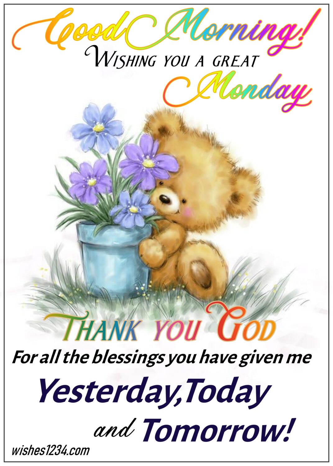 Teddy bear sitting on grass holding flower pot, Good Morning Monday | Monday Wishes | Monday quotes.
