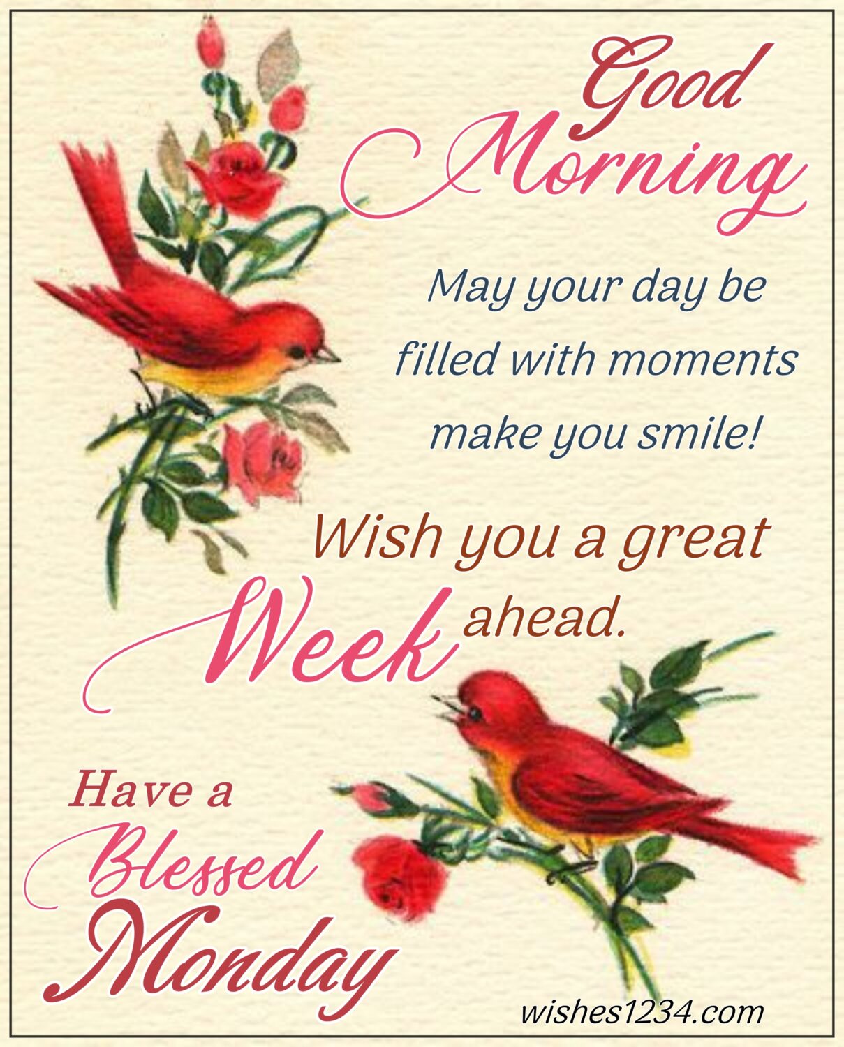 Two birds sitting on flower branches ,Good Morning Monday | Monday Wishes | Monday quotes