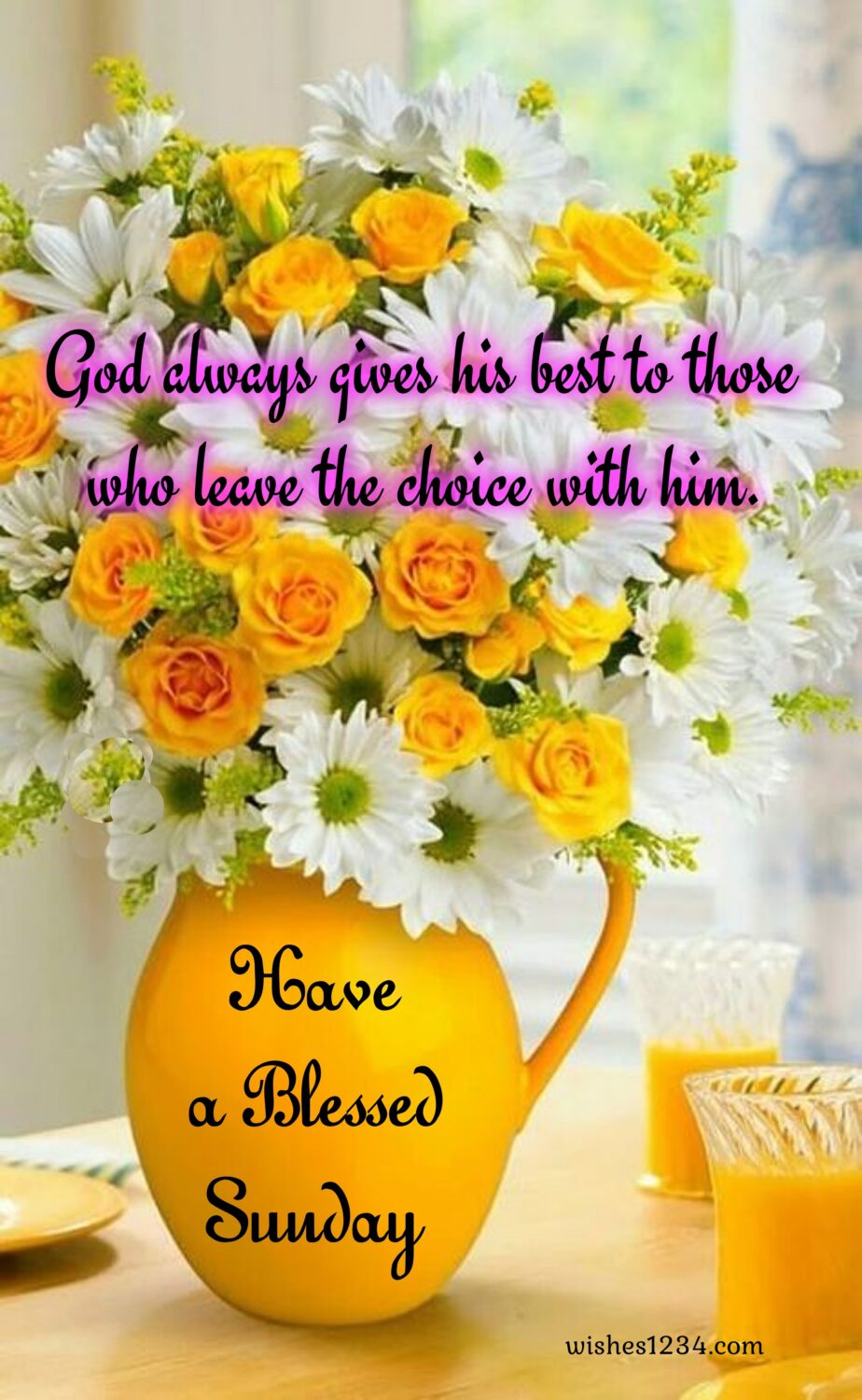Yellow Vase with yeloow roses and white daisy, Happy Sunday Blessings Quotes Images Pictures wishes.