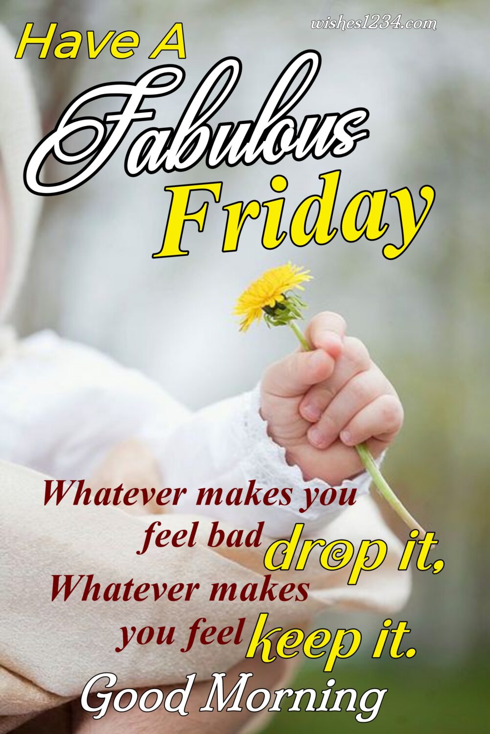 Marigold flower in baby's hand, Friday Quotes | Good Morning Friday | Happy Friday | Blessed Friday Quotes.