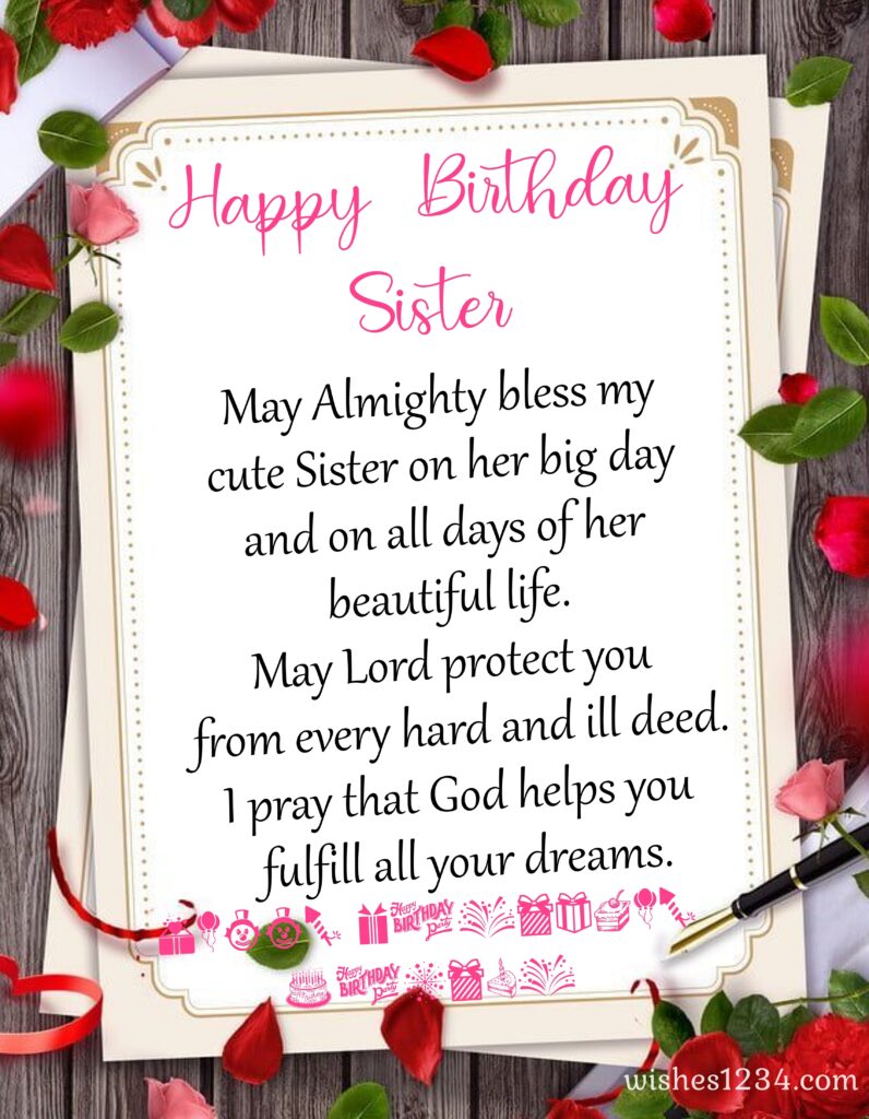 Birthday card with flower borders, Happy Birthday wishes for Sister | Short Birthday wishes for Sister.