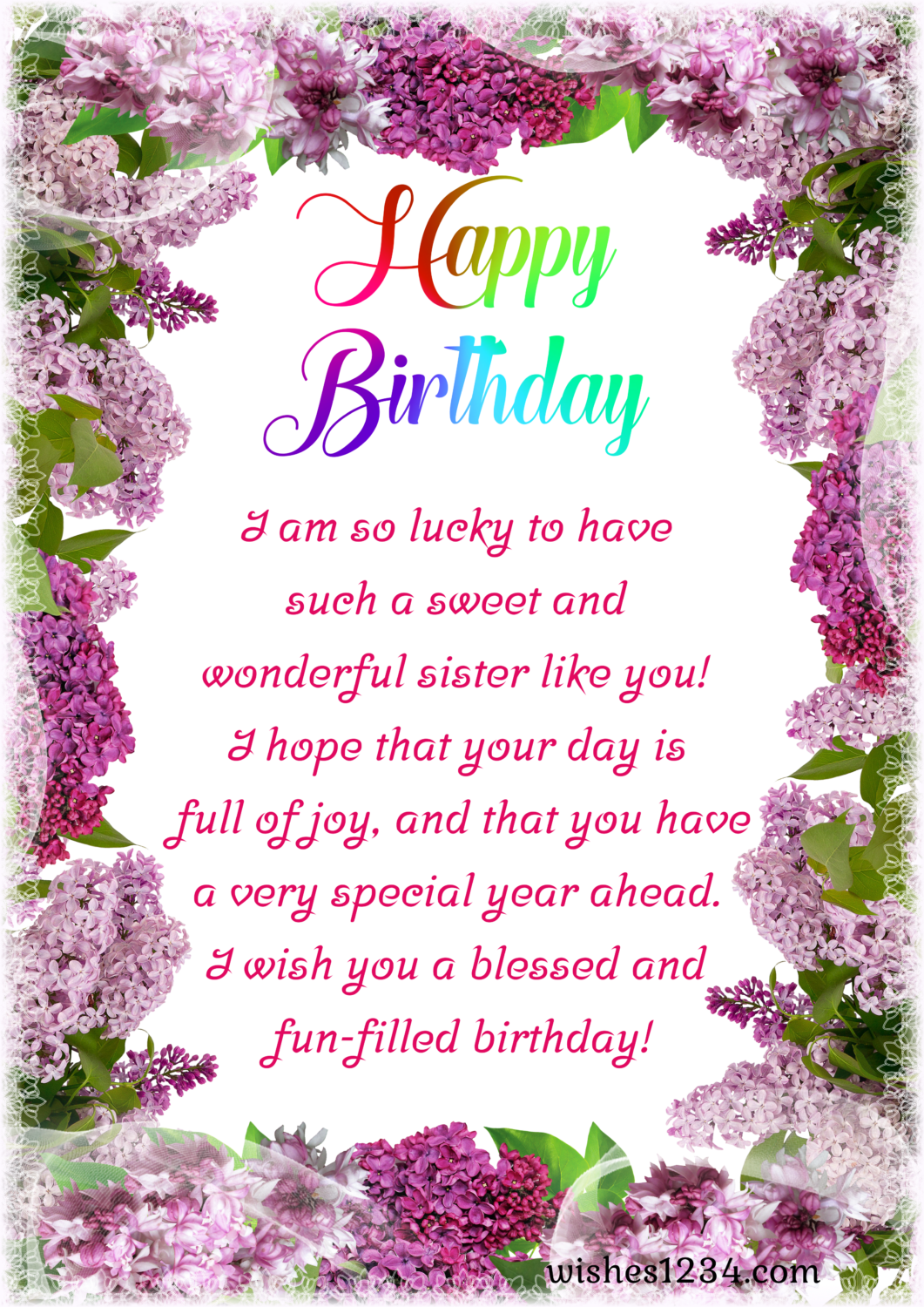 Lilac flowers frame background, Happy Birthday wishes for Sister | Short Birthday wishes for Sister.
