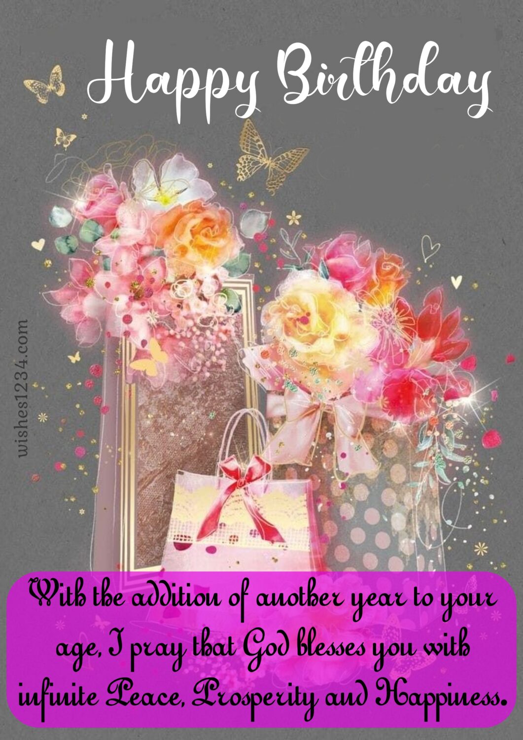 Sparkling gift bags with flowers, Happy Birthday wishes for Sister | Short Birthday wishes for Sister.