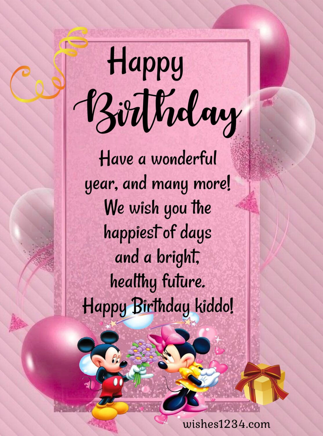 Birthday posterwith Mickey & Minnie mouse, Birthday wishes for kids.
