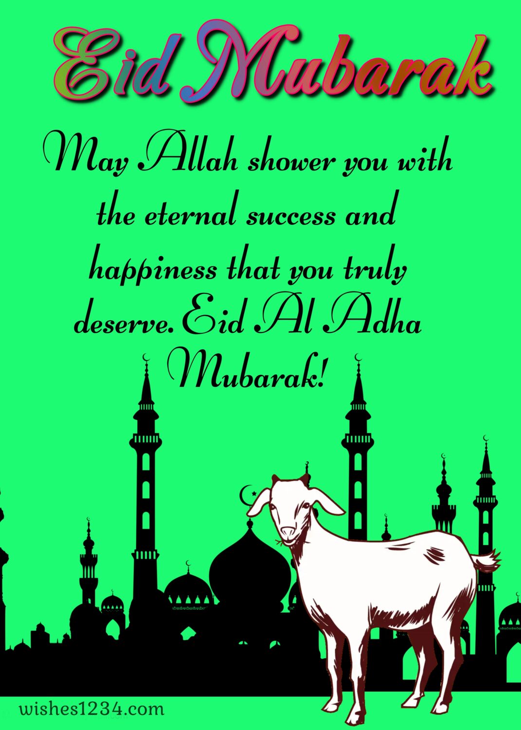 Black mosque outline with white goat, Eid al Adha | Bakrid wishes.