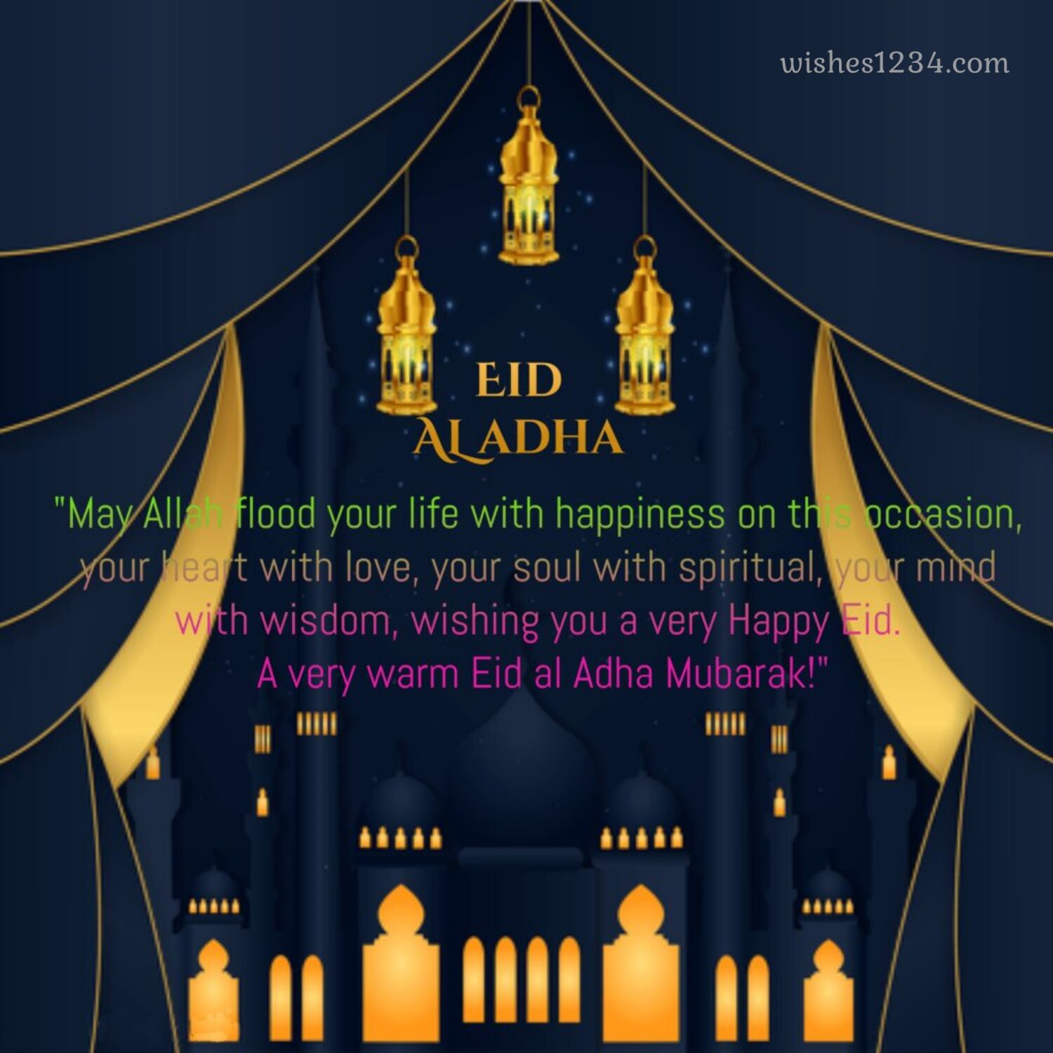 Eid mubarak with curtains and mosque, Eid al Adha | Bakrid wishes.
