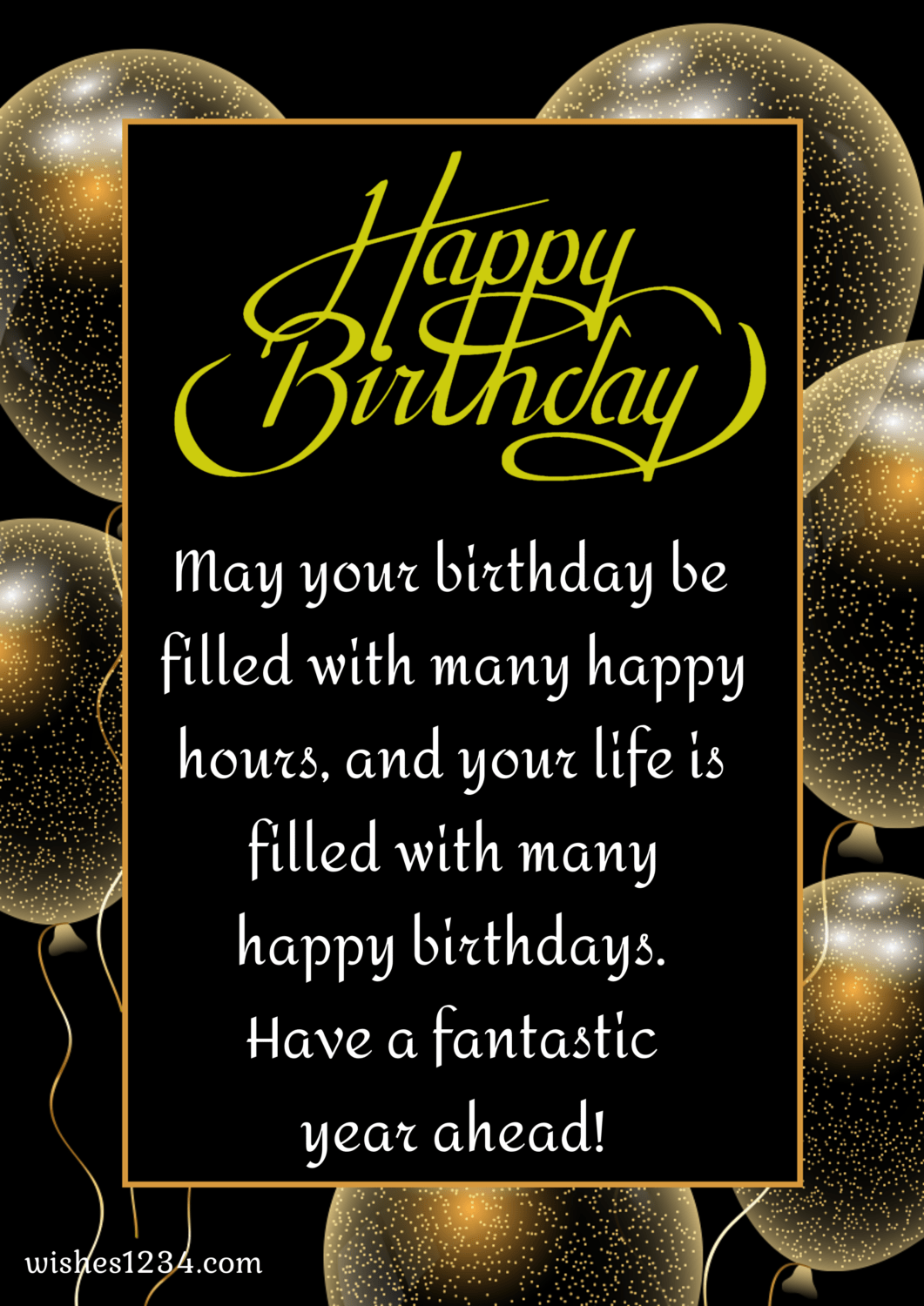 Golden sparkling balloons, Happy Birthday wishes.