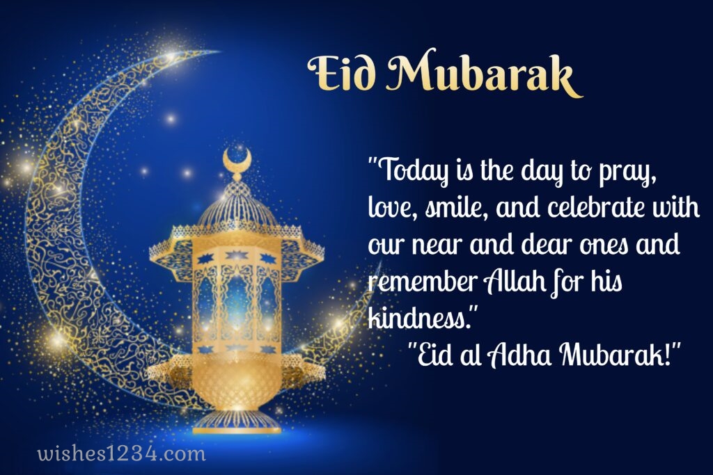 Moon cresent mesh with golden lamp Eid mubarak, Eid al Adha | Bakrid wishes.
