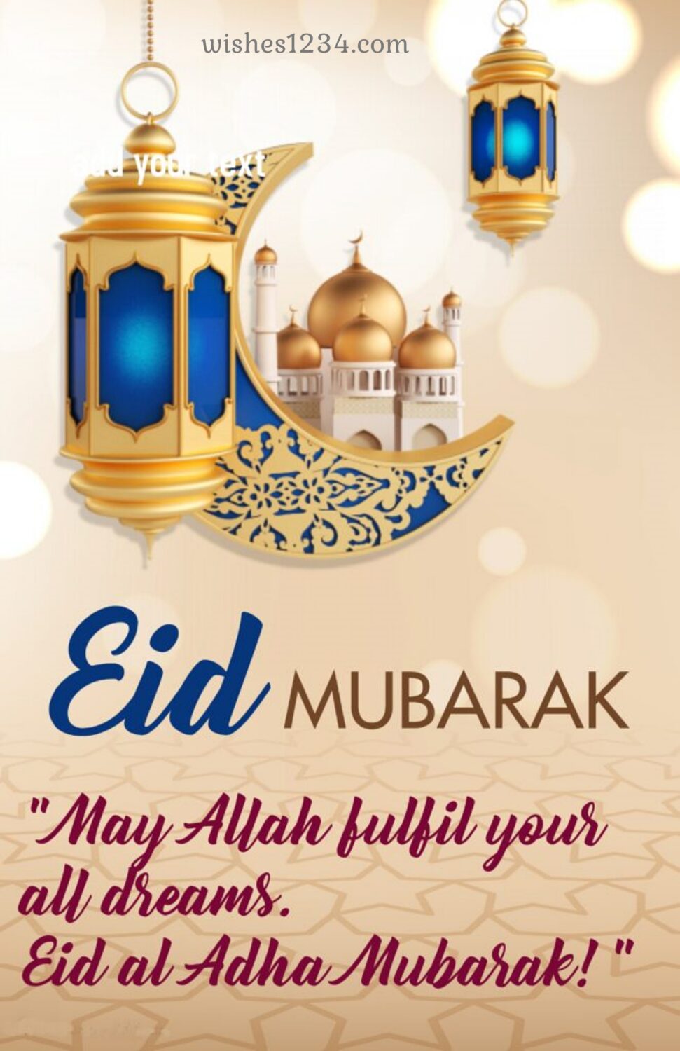 Two big golden lanterns with golden moon crescent, Eid al Adha | Bakrid wishes.