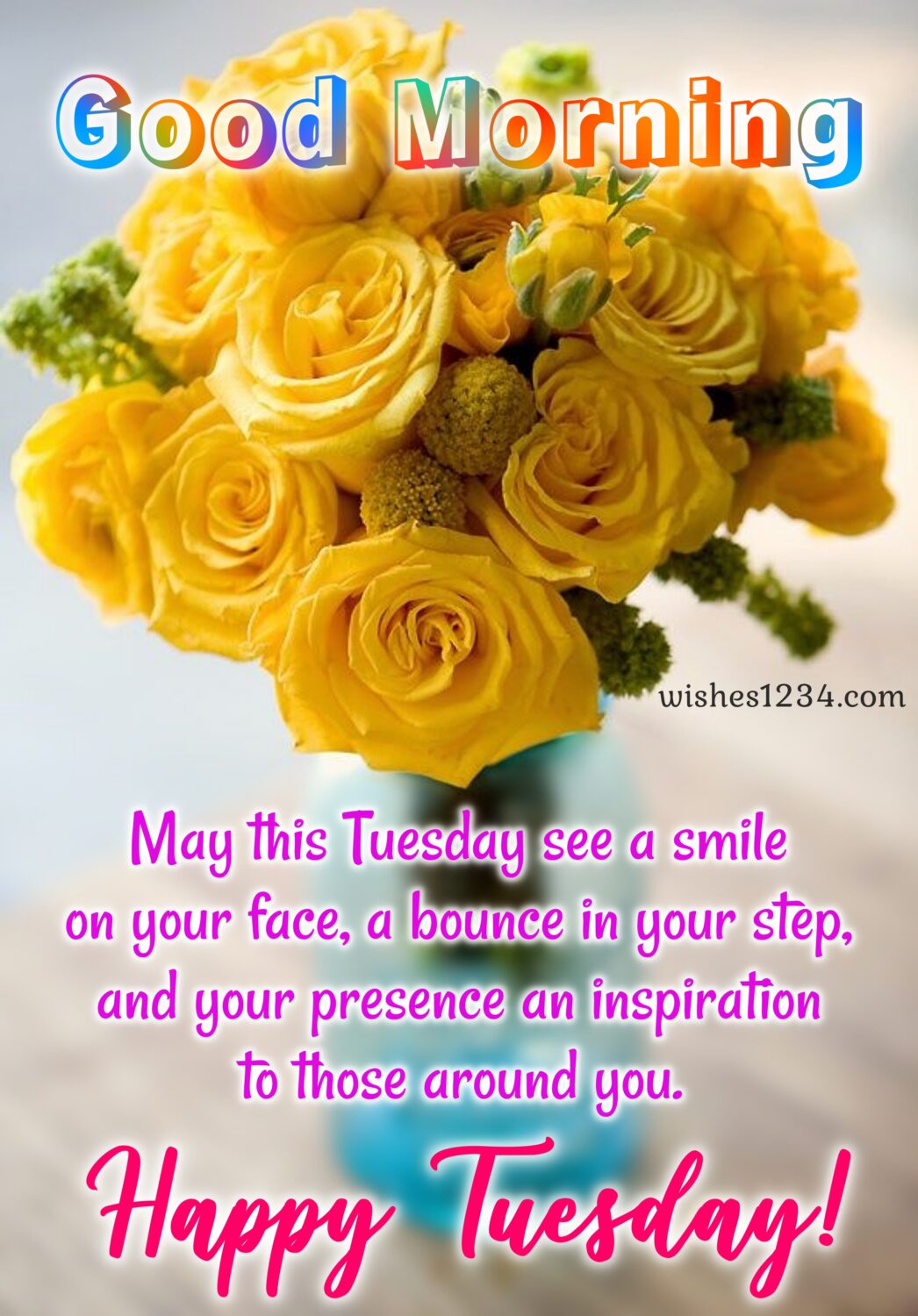 Happy Tuesday with yellow roses bunch in jar, Happy Tuesday images.
