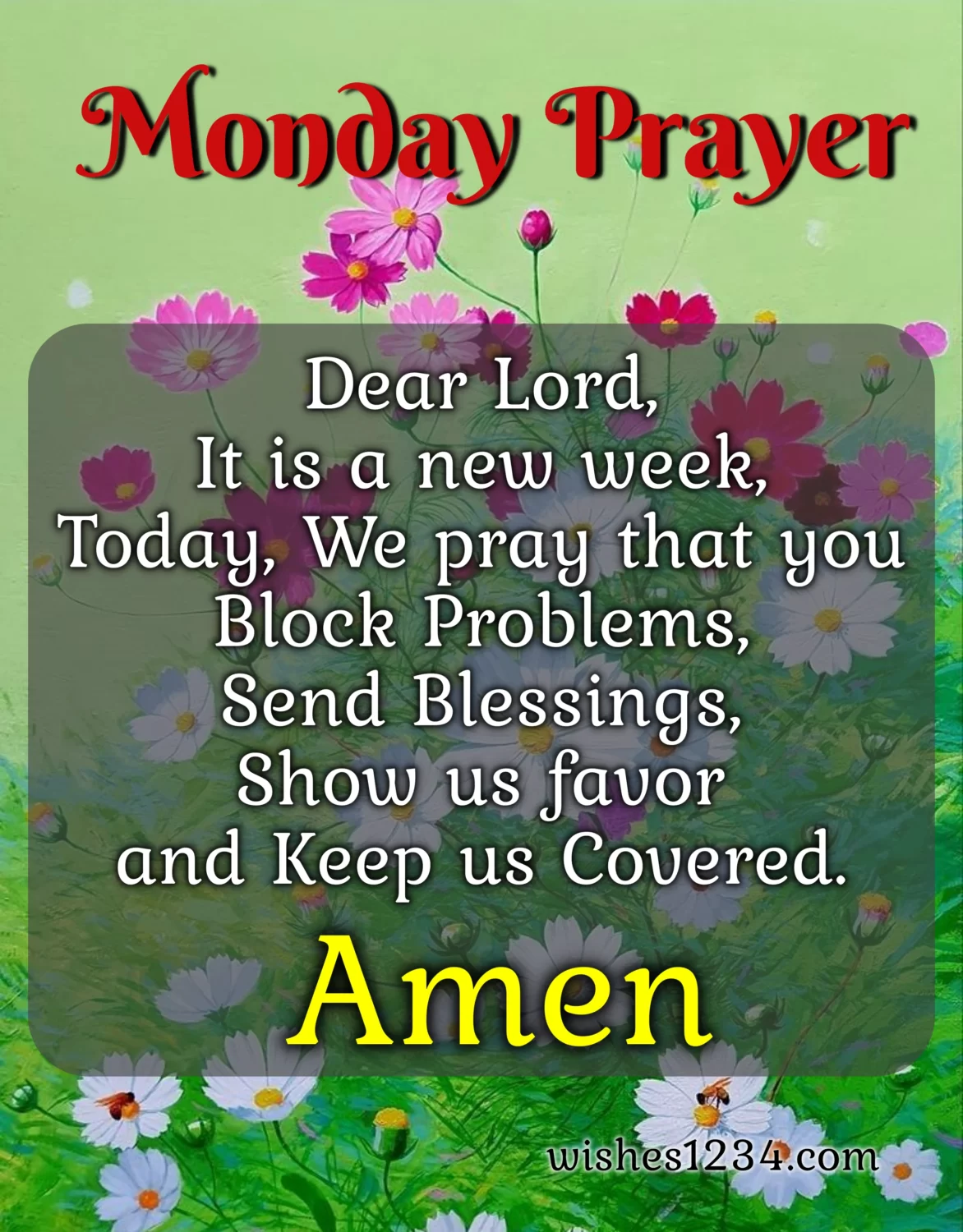 Monday prayer with daisy flowers background, Happy Monday image.